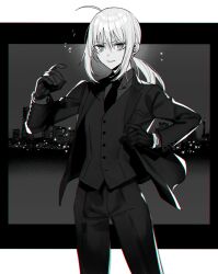 Rule 34 | 1girl, adjusting clothes, ahoge, artoria pendragon (all), artoria pendragon (fate), city, closed mouth, collared shirt, cowboy shot, fate/zero, fate (series), formal, gloves, greyscale, hand up, jacket, katagiri (mighty swing), letterboxed, light smile, looking at viewer, medium hair, monochrome, necktie, open clothes, open jacket, pant suit, pants, ponytail, saber (fate), shirt, sidelocks, skyline, solo, suit, vest
