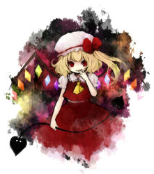 Rule 34 | 1girl, 1st-mn, ascot, blonde hair, bow, crystal, dress, female focus, flandre scarlet, hand to own mouth, hat, hat bow, red dress, red eyes, smile, solo, embodiment of scarlet devil, touhou, wings