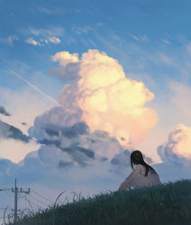 Rule 34 | 1girl, bare arms, bare shoulders, black hair, blue sky, cloud, commentary request, day, dress, facing away, from side, grass, highres, knees up, leaning forward, long hair, on grass, original, outdoors, power lines, ryokucha manma, sitting, sky, solo, utility pole, white dress