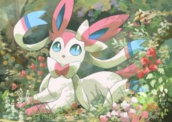 Rule 34 | blue eyes, creatures (company), flower, game freak, garden, gen 6 pokemon, grass, highres, looking up, lying, nintendo, no humans, on grass, on stomach, outdoors, parted lips, pokemon, pokemon (creature), shade, solo, sylveon, volpecorvo