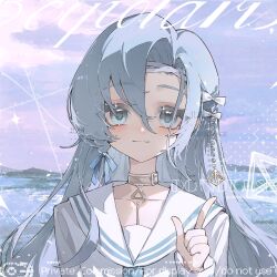 1girl 37_(reverse:1999) alternate_costume beiji_shutiao blue_eyes blue_hair blue_ribbon blue_sky closed_mouth gold_choker hair_between_eyes hair_ribbon hand_up index_finger_raised light_smile long_hair looking_at_viewer ocean reverse:1999 ribbon sailor_collar school_uniform serafuku shirt sky solo straight-on tetrahedron upper_body watermark white_ribbon white_sailor_collar white_shirt