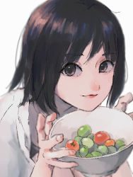 Rule 34 | 1girl, absurdres, bad id, bad pixiv id, black eyes, black hair, bowl, food, hands up, highres, huge filesize, looking at viewer, original, ritao kamo, shirt, short hair, simple background, smile, solo, white background, white shirt