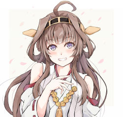 Rule 34 | 1girl, ahoge, blush, breasts, brown hair, dairyo3, detached sleeves, double bun, hair bun, hairband, hand on own chest, headgear, highres, japanese clothes, kantai collection, kongou (kancolle), long hair, looking at viewer, medium breasts, nontraditional miko, petals, purple eyes, ribbon-trimmed sleeves, ribbon trim, smile, solo, white background