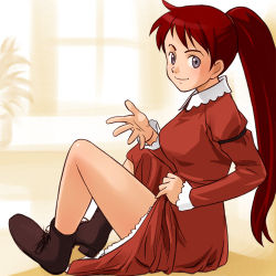 Rule 34 | 1girl, 2006, ai no wakakusa monogatari, blue eyes, blush, boot straps, boots, brown hair, collar, come hither, dress, haruyama kazunori, indoors, josephine march, light, long hair, looking at viewer, lowres, open hand, plant, ponytail, potted plant, pulling own clothes, red dress, sexually suggestive, sitting, solo, spread legs, sunlight, turning head, upskirt, window, world masterpiece theater