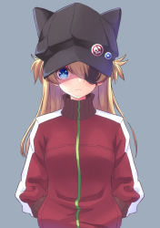 Rule 34 | 1girl, animal hat, badge, black hat, blackheartxiii, blue eyes, blush, brown hair, button badge, cat hat, expressionless, eyepatch, grey background, hair between eyes, hands in pocket, hat, highres, jacket, lips, long sleeves, looking at viewer, neon genesis evangelion, one eye covered, parted bangs, pocket, red jacket, shaded face, simple background, solo, souryuu asuka langley, straight hair, track jacket, turtleneck, two side up, upper body