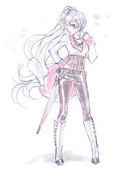 Rule 34 | 1girl, black pants, blue eyes, boots, commentary request, cosplay, embarrassed, jewelry, long hair, mugupo, necklace, pants, parasol, rwby, simple background, solo, tight clothes, tight pants, umbrella, weiss schnee, white background, white footwear, white hair