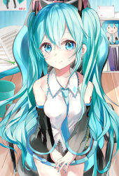 Rule 34 | 1girl, absurdres, aqua eyes, aqua hair, aqua nails, aqua necktie, bare shoulders, basket, between breasts, black skirt, black sleeves, blush, breasts, calendar (object), chair, character doll, commentary, cowboy shot, detached sleeves, from above, hair ornament, hands on lap, hatsune miku, highres, long hair, looking at viewer, medium breasts, miniskirt, nail polish, necktie, necktie between breasts, pleated skirt, poster (object), sheet music, shelf, shirt, shoulder tattoo, skirt, sleeveless, sleeveless shirt, smile, solo, spring onion, tattoo, tsukasa (pixiv34617881), twintails, very long hair, vocaloid, white shirt