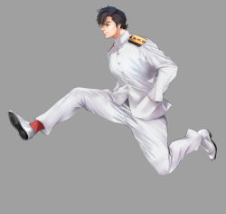 Rule 34 | 1boy, admiral (kancolle), city hunter, epaulettes, full body, grey background, hands in pocket, highres, kantai collection, military, military uniform, naval uniform, pants, red neckwear, simple background, solo, tororo ten, uniform, white footwear, white pants, yamashiro (kancolle)