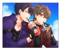 Rule 34 | 2boys, black collar, black gloves, black shirt, brown eyes, brown hair, closed eyes, closed mouth, collar, cup, day, disposable cup, drinking, drinking straw, earrings, fushimi gaku, gloves, hair between eyes, holding, holding cup, jacket, jewelry, kenmochi touya, long sleeves, male focus, mole, mole under eye, multiple boys, nijisanji, open clothes, open jacket, open mouth, outdoors, partially fingerless gloves, purple hair, purple jacket, red jacket, shikino yuki, shirt, upper body, virtual youtuber