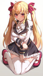 Rule 34 | 1girl, ahoge, blonde hair, blush, bow, bowtie, breast hold, breasts, buttons, double-breasted, frilled skirt, frills, full body, hair bow, highres, jacket, kakutasu, kneeling, large breasts, long hair, long sleeves, looking at viewer, nijisanji, purple eyes, red bow, red eyes, red footwear, simple background, skirt, solo, sweatdrop, takamiya rion, thighhighs, twintails, virtual youtuber, white background, white bow, white bowtie, white jacket, white thighhighs