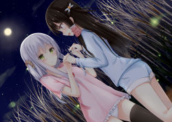 Rule 34 | 2girls, black hair, blush, brown eyes, brown hair, dress, dutch angle, eye contact, green eyes, hair ornament, hair scrunchie, hair tubes, highres, holding hands, long hair, looking at another, moon, multiple girls, night, night sky, no pants, open mouth, original, outdoors, pajamas, panties, parted lips, pink eyes, scrunchie, short sleeves, short twintails, shorts, sidelocks, sky, star (sky), star (symbol), thighhighs, tsuchikure, twintails, two side up, underwear, white hair, white panties, yuri