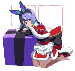 Rule 34 | 1girl, animal ears, black hair, black hairband, black shirt, box, brown pantyhose, capelet, carron (pretty series), christmas, closed mouth, commentary request, dolldolldd, full body, fur-trimmed capelet, fur trim, gift, gift box, hairband, highres, korean commentary, leaning on object, long hair, long sleeves, looking at viewer, multicolored hair, no shoes, pantyhose, pretty series, purple eyes, purple hair, rabbit ears, red capelet, red skirt, santa costume, shirt, sitting, skirt, smile, solo, very long hair, waccha primagi!