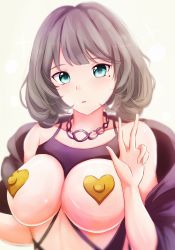 Rule 34 | 10s, 1girl, absurdres, bad id, bad pixiv id, breastless clothes, breasts, brown hair, covered erect nipples, female focus, green eyes, heart pasties, highres, idolmaster, idolmaster cinderella girls, jewelry, large breasts, looking at viewer, mole, mole under eye, necklace, pasties, revision, short hair, solo, takagaki kaede, v, yeyebirdie