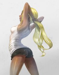 Rule 34 | 1girl, adjusting hair, alternate costume, alternate hairstyle, armpits, arms up, ass, back, bare legs, bare shoulders, black shorts, blonde hair, breasts, casual, commentary request, dark skin, dark-skinned female, from side, gluteal fold, gravity daze, gravity daze 2, kitten (gravity daze), long hair, ponytail, red eyes, short shorts, shorts, sideboob, simple background, smile, solo, tank top, thighs, white background, yum
