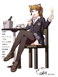 Rule 34 | 1girl, alcohol, animal ears, black thighhighs, blazer, blue eyes, bottle, brown hair, bucket, cat ears, champagne flute, crossed legs, cup, drinking glass, fork, glass, glasses, jacket, loafers, long hair, looking at viewer, mouse (animal), mouth hold, original, ponytail, school uniform, shoes, signature, sitting, skirt, smile, solo, table, thighhighs, torigoe takumi, translation request, twitter username, white background, wine, x x