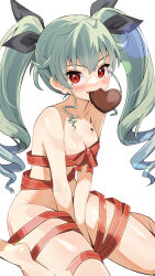 Rule 34 | 1girl, absurdres, anchovy (girls und panzer), bare shoulders, barefoot, between legs, black ribbon, blaze (blazeillust), blush, breasts, candy, chocolate, chocolate heart, chocolate on body, commentary, drill hair, feet, food, food in mouth, food on body, food on breasts, girls und panzer, green hair, hair between eyes, hair ribbon, hand between legs, heart, highres, long hair, looking at viewer, medium breasts, mouth hold, naked ribbon, red eyes, red ribbon, ribbon, simple background, sitting, soles, solo, twin drills, twintails, valentine, wariza, white background