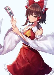 Rule 34 | 1girl, absurdres, ascot, bow, brown eyes, brown hair, collar, detached sleeves, hair bow, hair tubes, hakurei reimu, highres, leste (humansequencer), midriff peek, nontraditional miko, ofuda, red bow, red shirt, red skirt, ribbon-trimmed sleeves, ribbon trim, shirt, short hair, sidelocks, simple background, skirt, skirt set, sleeveless, solo, touhou, white background, white collar, yellow ascot