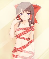 Rule 34 | 1girl, blue eyes, bow, breasts, brown hair, commentary request, cowboy shot, glass, groin, hair bow, hair tubes, hakurei reimu, looking at viewer, miyo (ranthath), naked ribbon, navel, open mouth, red bow, ribbon, sidelocks, small breasts, solo, sweat, touhou