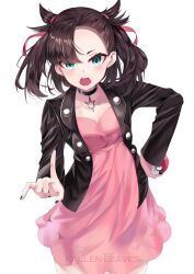 Rule 34 | 1girl, artist name, asymmetrical bangs, asymmetrical hair, black choker, black hair, black jacket, black nails, breasts, choker, creatures (company), dress, fallen-leaves, game freak, green eyes, hand on own hip, highres, holding, holding poke ball, jacket, looking at viewer, marnie (pokemon), medium breasts, medium hair, mixed-language commentary, nintendo, pink dress, poke ball, poke ball (basic), pokemon, pokemon swsh, solo, undercut