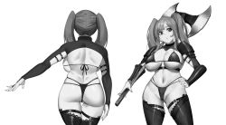 Rule 34 | 1girl, armor, ass, axe, battle axe, bikini, bra, breasts, gongba laoge, highres, large breasts, original, partially visible vulva, shoulder armor, sideboob, string bikini, swimsuit, thighhighs, thong, twintails, underwear, weapon