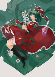 Rule 34 | 1girl, black footwear, boots, bouquet, bow, character name, closed mouth, corset, dress, flower, frilled dress, frilled ribbon, frills, from above, front ponytail, full body, green eyes, green hair, hair bow, highres, holding, holding bouquet, its8b, kagiyama hina, knee boots, lips, long hair, looking at viewer, looking to the side, lying, nagashi-bina, on side, orange flower, pink flower, puffy short sleeves, puffy sleeves, red dress, red ribbon, ribbon, scissors, shoelaces, short sleeves, solo, touhou, white flower