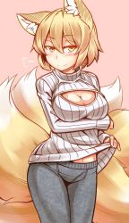 Rule 34 | 1girl, puff of air, alternate costume, animal ears, blonde hair, blush, breast hold, breasts, cleavage, clothes lift, contemporary, cowboy shot, denim, fox ears, fox tail, jeans, large breasts, long sleeves, looking at viewer, meme attire, multiple tails, open-chest sweater, pants, pink background, short hair, smile, solo, sweater, sweater lift, tail, tamahana, touhou, yakumo ran, yellow eyes