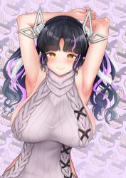 Rule 34 | 1girl, absurdres, alternate breast size, aran sweater, armpits, arms up, black hair, blush, breasts, cable knit, censored, closed mouth, commentary request, creatures (company), demon girl, demon horns, dress, game freak, gen 8 pokemon, hair ribbon, halterneck, highres, horns, huge breasts, identity censor, kojo anna, kojo anna (3rd costume), long hair, looking at viewer, meme attire, morpeko, morpeko (full), multicolored hair, nanashi inc., nintendo, official alternate costume, pointy ears, pokemon, purple hair, ribbed sweater, ribbon, robou no stone, sideboob, smile, solo, sweater, sweater dress, turtleneck, turtleneck sweater, twintails, two-tone hair, upper body, virgin killer sweater, virtual youtuber, white ribbon, yellow eyes