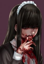 Rule 34 | 1girl, black dress, black hair, blood, blood on clothes, blood on face, blood on hands, dress, from side, grey eyes, hand up, highres, hoshi san 3, licking, licking finger, long hair, long sleeves, looking at viewer, looking to the side, maid, maid headdress, nosebleed, original, red background, simple background, smile, solo, upper body