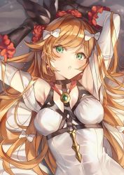 Rule 34 | 1girl, :o, armpits, arms up, bare shoulders, black gloves, chest harness, choker, clarisse (granblue fantasy), clarisse (soleil blanc) (granblue fantasy), eyes visible through hair, flower, frilled gloves, frills, gloves, granblue fantasy, green eyes, hair flower, hair ornament, hair ribbon, harness, highres, ks (xephyrks), long hair, lying, on back, orange hair, ribbon, solo