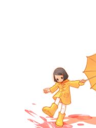 Rule 34 | 0123456789, 1girl, boots, female focus, full body, gradient background, original, raincoat, rubber boots, short hair, simple background, solo, umbrella, white background