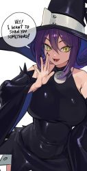 Rule 34 | 1girl, absurdres, black dress, blair (soul eater), breasts, cat girl, detached sleeves, dress, english text, hat, highres, large breasts, long sleeves, nia (nia4294), purple hair, slit pupils, solo, soul eater, white background, witch hat, yellow eyes