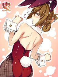 Rule 34 | 10s, 1girl, animal ears, ass, bare back, bare shoulders, blush, brown eyes, brown hair, rabbit ears, rabbit tail, playboy bunny, character name, cowboy shot, detached collar, fake animal ears, fishnet pantyhose, fishnets, folded ponytail, from behind, highres, inazuma (kancolle), jpeg artifacts, kantai collection, looking back, pantyhose, solo, super zombie, tail, twitter username, wrist cuffs
