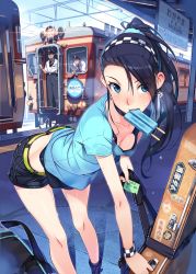 Rule 34 | 10s, 1girl, 2boys, bag, bent over, black hair, blue eyes, bra, breasts, character request, downblouse, duffel bag, earrings, food, gloves, guitar case, hair over one eye, hairband, instrument case, jewelry, kashima noa, leaning forward, long hair, midriff, mouth hold, multiple boys, ponytail, popsicle, rail wars!, scrunchie, shirt, shorts, small breasts, standing, sweat, t-shirt, tactile paving, train, train conductor, train station, underwear, uniform, vania600, wristband