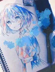 Rule 34 | 1girl, art tools in frame, blue eyes, commentary, from side, highres, irodori warabi, light blush, looking at viewer, original, parted lips, partially colored, photo (medium), short hair, short sleeves, solo, traditional media, twitter username, upper body