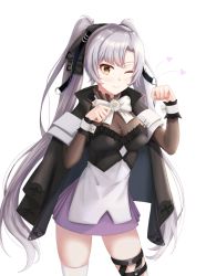 Rule 34 | 1girl, aug para (girls&#039; frontline), black jacket, blush, bow, bowtie, breasts, brown eyes, cleavage, closed mouth, dress, girls&#039; frontline, gongbangmanchi (daisy cutter), hair ornament, hair ribbon, heart, heart print, jacket, jacket on shoulders, long hair, looking at viewer, medium breasts, one eye closed, paw pose, ribbon, silver hair, smile, solo, twintails, white background, white bow, white bowtie