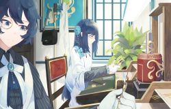 Rule 34 | 1boy, 1girl, black shirt, blue bow, blue eyes, blue hair, bow, brooch, brother and sister, closed mouth, clothes hanger, gloves, hair between eyes, highres, holding, indoors, jacket, jewelry, long hair, long sleeves, monocle, natori youkai, on chair, original, plant, profile, shirt, siblings, sitting, sleeves past wrists, striped clothes, striped shirt, vertical-striped clothes, vertical-striped shirt, white bow, white gloves, white jacket, window