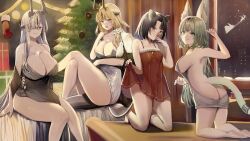 Rule 34 | 4girls, :d, :q, absurdres, animal ears, arknights, ass, backless outfit, bed, black dress, black hair, blonde hair, blush, breasts, cat ears, cat girl, cat tail, christmas, christmas stocking, christmas tree, cleavage, dragon girl, dragon horns, dragon tail, dress, eblana (arknights), flower, fur-trimmed dress, fur trim, green eyes, hair flower, hair ornament, hair over one eye, hanbok625, harmonie (arknights), highres, horns, huge breasts, indoors, kneeling, large breasts, licking lips, long hair, looking at viewer, mandragora (arknights), multiple girls, naked sweater, open mouth, red dress, reed (arknights), short hair, sideboob, small breasts, smile, spaghetti strap, sweater, tail, tongue, tongue out, very long hair, white dress, window