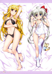 Rule 34 | 2girls, absurdres, ahoge, bag, bardiche (nanoha), bardiche (standby form) (nanoha), barefoot, bed sheet, bikini, black bikini, blonde hair, blue eyes, blush, bow, breasts, cleavage, collarbone, convenient censoring, covered navel, dakimakura (medium), einhard stratos, fate testarossa, feet, from above, fujima takuya, full body, groin, hair between eyes, hair bow, hair censor, hair over breasts, hair over one breast, heterochromia, highres, large breasts, long hair, looking at viewer, lying, lyrical nanoha, mahou shoujo lyrical nanoha vivid, multiple girls, o-ring, o-ring bikini, official art, on back, one-piece swimsuit, parted lips, purple eyes, red bow, red eyes, school swimsuit, shiny clothes, side-tie bikini bottom, sids, silver hair, swimsuit, thighhighs pull, toes, topless, twintails, untied bikini, unworn swimsuit, very long hair, white legwear, white one-piece swimsuit, white school swimsuit