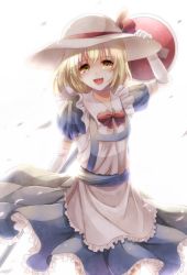 Rule 34 | 1girl, apron, blonde hair, bow, dress, elbow gloves, gloves, hat, kana anaberal, kotonoman, open mouth, petals, puffy sleeves, ribbon, road sign, short hair, short sleeves, sign, sun hat, tears, touhou, touhou (pc-98), white gloves, yellow eyes
