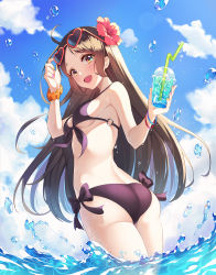 Rule 34 | 1girl, :d, adjusting eyewear, ahoge, ass, back, bikini, blue sky, blush, bow, bow bikini, breasts, brown hair, cloud, cup, day, drinking straw, eyewear on head, flower, from behind, front-tie bikini top, front-tie top, hair flower, hair ornament, hand on eyewear, hand up, heart, heart-shaped eyewear, hibiscus, highres, holding, ice, ice cube, inchangboy2, looking at viewer, looking back, medium breasts, multicolored nails, nail polish, o-ring, o-ring bikini, o-ring top, open mouth, original, outdoors, parted bangs, purple bikini, scrunchie, shiny skin, sidelocks, sky, smile, solo, sparkle, standing, sunglasses, swimsuit, twisted torso, underboob, wading, water, water drop, wrist scrunchie, wristband