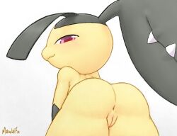 Rule 34 | 1girl, anus, artist name, ass, ass focus, back, black hair, cleft of venus, closed mouth, colored skin, creatures (company), game freak, gen 3 pokemon, highres, looking at viewer, looking back, mawaifu, mawile, naughty face, nintendo, pokemon, pokemon (creature), pussy, red eyes, solo, uncensored, white background, yellow skin