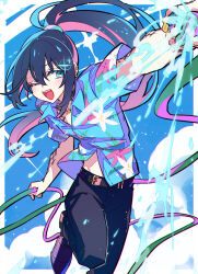 Rule 34 | 1boy, arm tattoo, black footwear, black pants, blue eyes, blue hair, blue shirt, high ponytail, highres, holding, holding hose, hong lu (project moon), hose, limbus company, long hair, looking to the side, male focus, neck tattoo, one eye closed, open mouth, pants, project moon, shiki (shikki46), shirt, shoes, short sleeves, sidelocks, smile, solo, sparkle, tattoo, very long hair, water