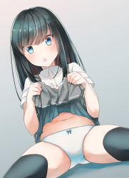 Rule 34 | 1girl, asashio (kancolle), black hair, black thighhighs, blue eyes, blush, clothes lift, comah, gradient background, grey background, grey skirt, kantai collection, lifted by self, long hair, navel, open mouth, panties, pleated skirt, shirt, short sleeves, skirt, skirt lift, solo, thighhighs, underwear, white panties, white shirt