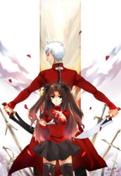 Rule 34 | 1boy, 1girl, archer (fate), black thighhighs, blue eyes, brown hair, fate/stay night, fate (series), field of blades, hair ribbon, kanshou &amp; bakuya (fate), long hair, puyue, ribbon, short twintails, thighhighs, tohsaka rin, twintails, two side up, zettai ryouiki