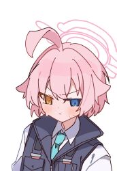 Rule 34 | 1girl, ahoge, aqua necktie, averting eyes, blue archive, blue eyes, blush, bulletproof vest, collared shirt, heterochromia, hoshino (blue archive), hoshino (young) (blue archive), necktie, pink hair, rco as, shirt, short hair, simple background, solo, sweat, v-shaped eyebrows, white-framed eyewear, white background, yellow eyes