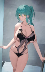 Rule 34 | 1girl, absurdres, azur lane, breasts, cleavage, closed mouth, collarbone, dead or alive, dead or alive xtreme, green hair, highres, lace trim, large breasts, looking at viewer, mole, mole under eye, navel, ponytail, revealing clothes, shower (place), solo, spaghetti strap, stomach, swimsuit, tamaki (doa), tamaki (venus shower time) (doa), yellow eyes, yomi1221