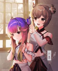 Rule 34 | 2girls, :d, alternate hairstyle, bare shoulders, blunt bangs, brown eyes, brown hair, china dress, chinese clothes, closed mouth, cosplay, double bun, dress, gradient hair, hair bun, highres, kantai collection, midriff, multicolored hair, multiple girls, open mouth, orange hair, purple hair, short hair, short hair with long locks, smile, tan yang (kancolle), tan yang (kancolle) (cosplay), tsushima (kancolle), twitter username, tying hair, unidentified nk, window, yukikaze (kancolle)