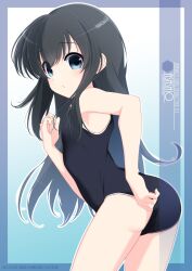 Rule 34 | 1girl, adjusting clothes, adjusting swimsuit, asashio (kancolle), ass, back, black hair, blue eyes, blue one-piece swimsuit, breasts, character name, checkered background, competition school swimsuit, covered navel, hair between eyes, hexagon, highres, inaba shiki, kantai collection, long hair, looking at viewer, looking back, new school swimsuit, one-piece swimsuit, school swimsuit, small breasts, solo, swimsuit