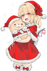 Rule 34 | 1girl, alternate costume, artist name, blonde hair, blush, bow, capelet, commentary request, cowboy shot, cropped legs, crystal, dated, dress, fang, flandre scarlet, fur trim, gotou (nekocat), hat, hat bow, highres, holding, holding stuffed toy, open mouth, pointy ears, red bow, red capelet, red dress, red eyes, red hat, santa hat, short hair, side ponytail, smile, snowing, solo, stuffed animal, stuffed toy, touhou, white background, wings