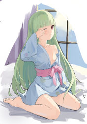 Rule 34 | 1girl, absurdres, alternate costume, barefoot, blue kimono, blunt bangs, blunt ends, blush, bow, breasts, chinese commentary, closed mouth, collarbone, commentary request, day, eyebrows hidden by hair, eyelashes, fengxue, frown, full body, green hair, hair down, hand up, highres, hime cut, indoors, japanese clothes, kimono, long hair, long sleeves, looking at viewer, murasame (senren), no bra, one eye closed, pink bow, pink sash, red eyes, rubbing eyes, sash, senren banka, short kimono, sidelocks, simple background, single bare shoulder, sitting, sketch, sleepwear, sleepy, small breasts, soles, solo, straight hair, toes, very long hair, wariza, wide sleeves, window